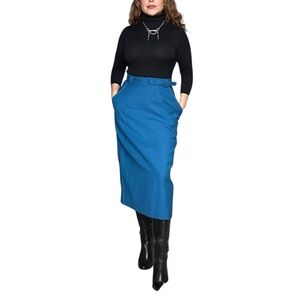 Vintage 100% Wool Blue Pencil Midi Skirt with Pockets | Excellent Condition